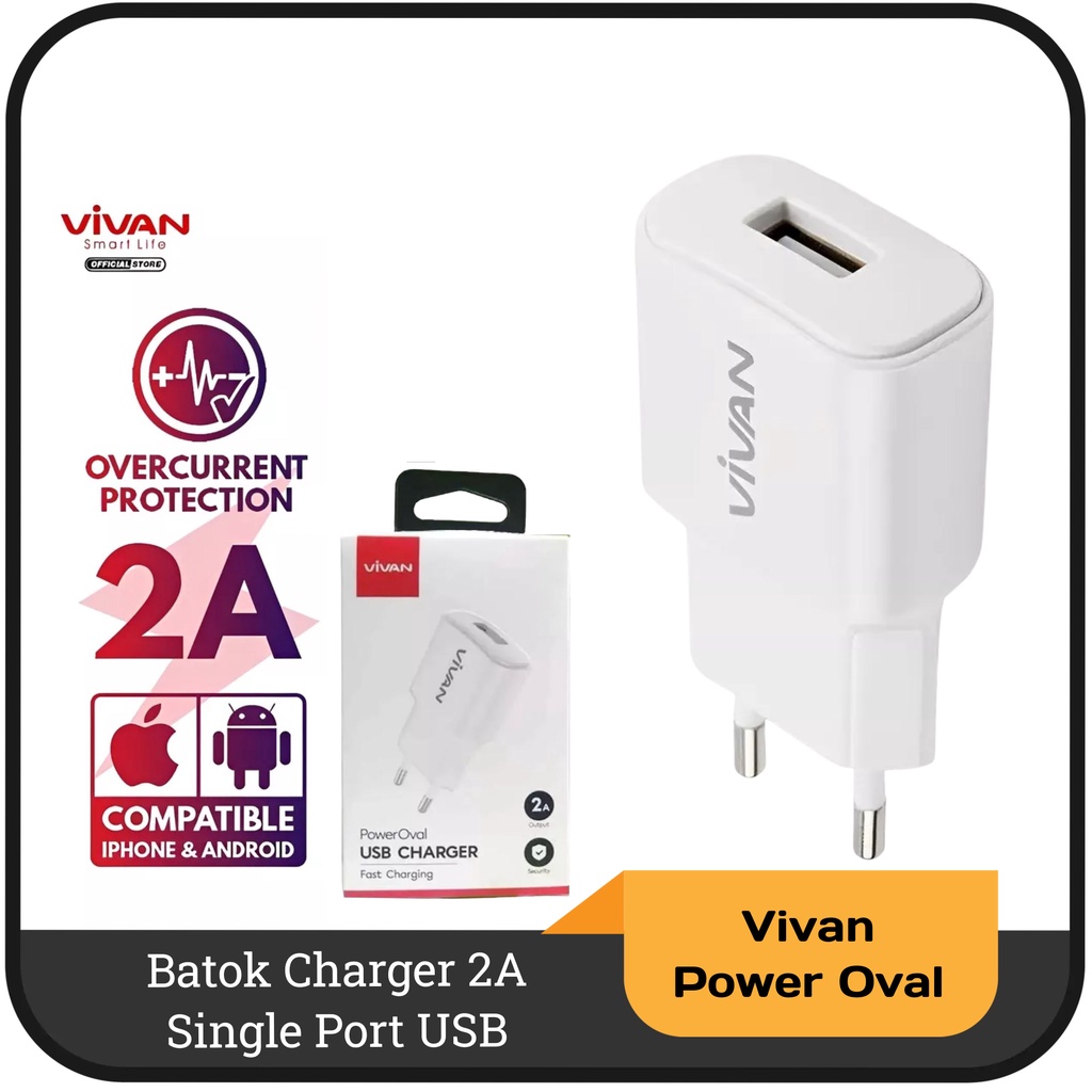 Batok Charger 2A Vivan Power Oval Single Port USB Fast Charging