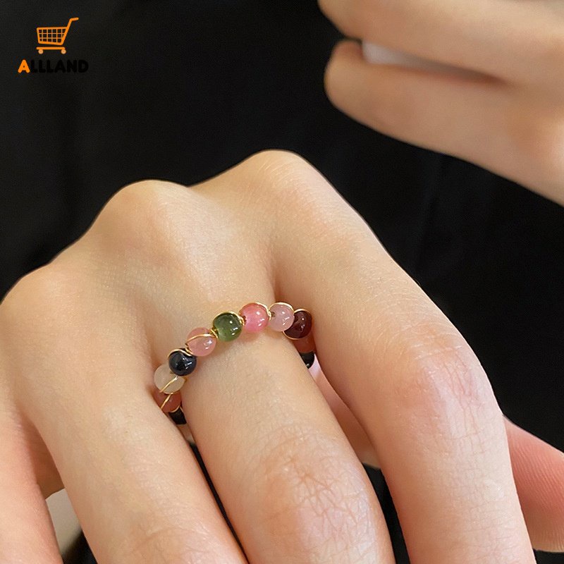 Fashion Vintage Resin Rainbow Tourmaline Open Ring/Cincin Manik-Manik Berliku Kawat Logam Buatan Tangan Untuk Wanita Perempuan