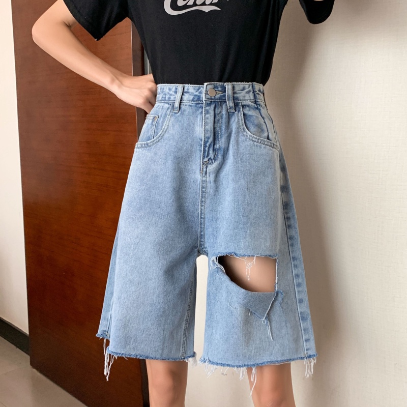 2023 New Biru Highwaist Robek Celana Jeans Pendek Wanita Rawis