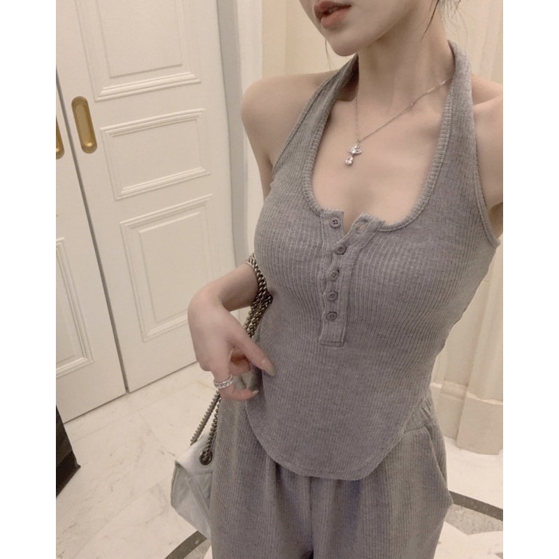 Red Spice Girls Pakaian Luar Tanpa Lengan Menggantung Leher Kamisol Rompi Kecil Wanita Musim Panas Gaun Seksi Punggung Terbuka Ramping Pinggang Atasan Pendek