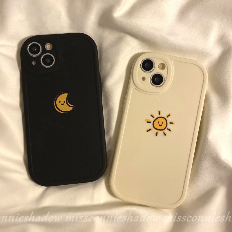 IPHONE Pasangan Case Kompatibel Untuk Iphone7 8 6 6s Plus 11 12 14 13 Pro Max14 Plus XR X XS MAX SE 2020 Bulan Matahari Warna Solid Sederhana Soft TPU Full Pelindung Ponsel Cover