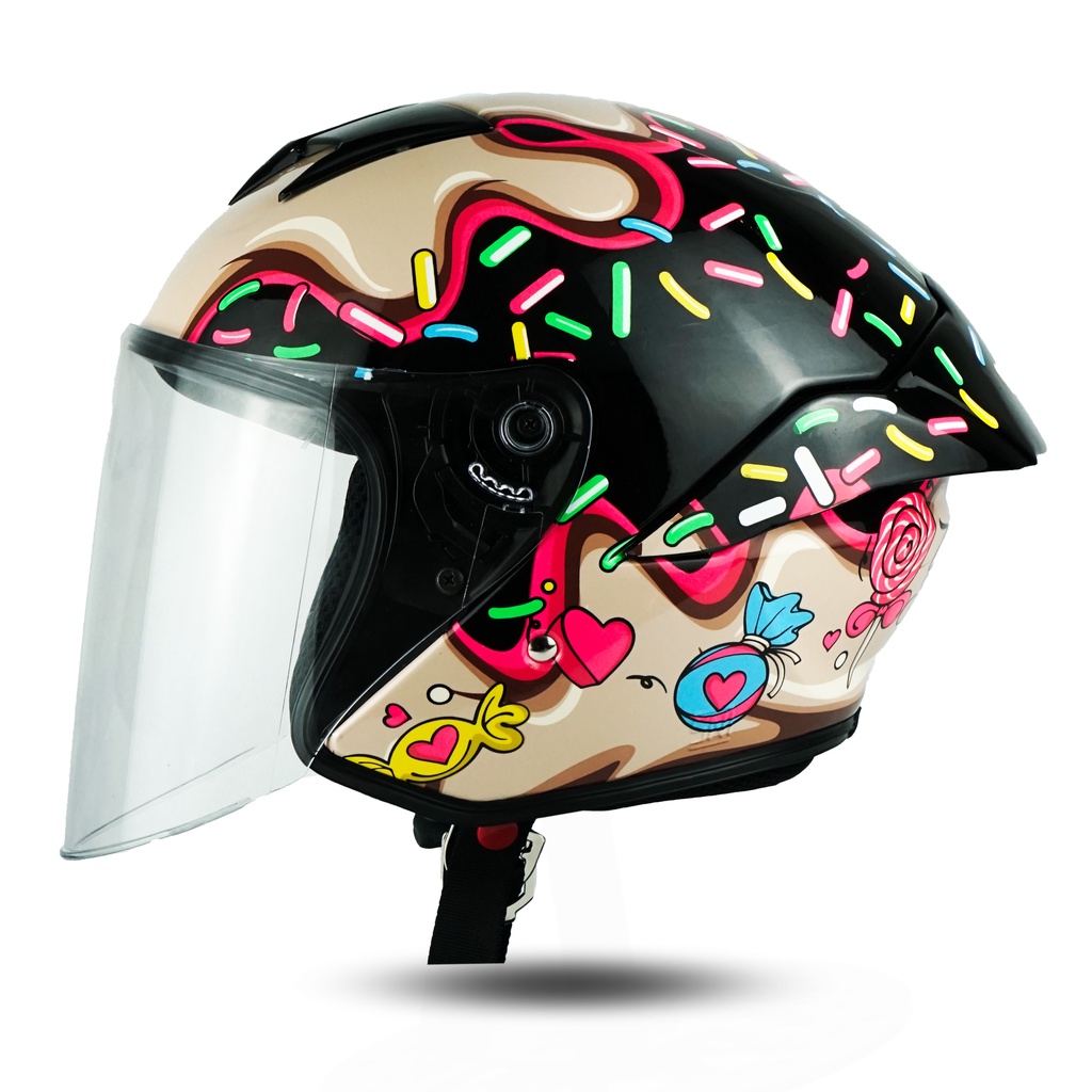 HELM JS1 HALF FACE MOTIF CANDIES HITAM PINK SNI KEKINIAN