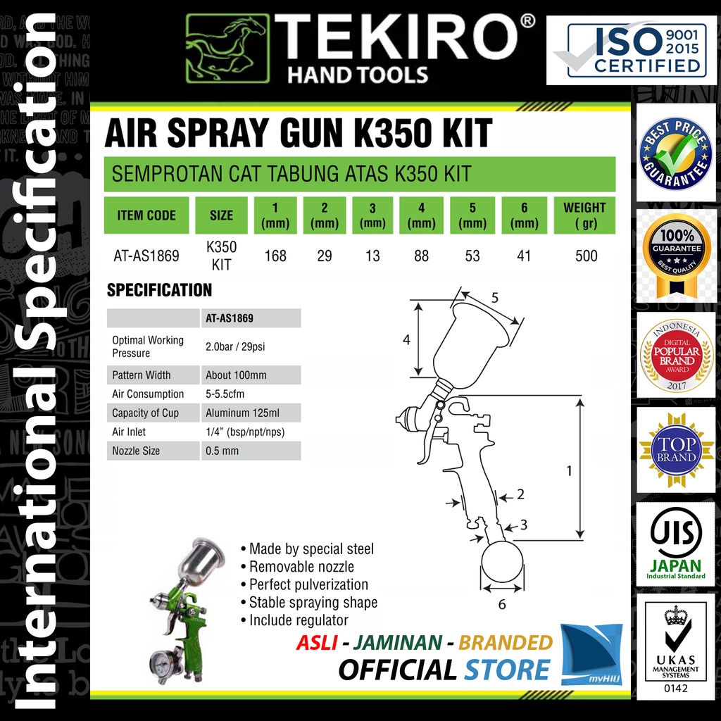 Pistol Semprotan Cat 100 ml + Kit Gagang Semprot Tabung Atas - Air Spray K350 Gun TEKIRO