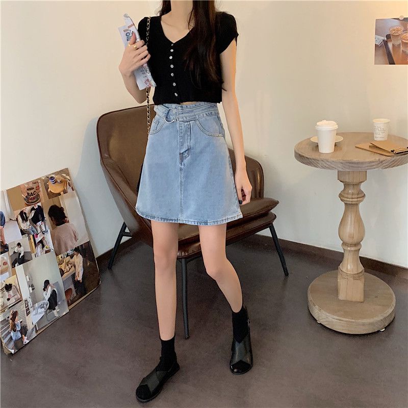 Biru Muda Rok Denim Rok Jeans Rok Pendek Fshion Wanita Pinggang Tinggi Skirt Korean Style Rok Vintage Simple