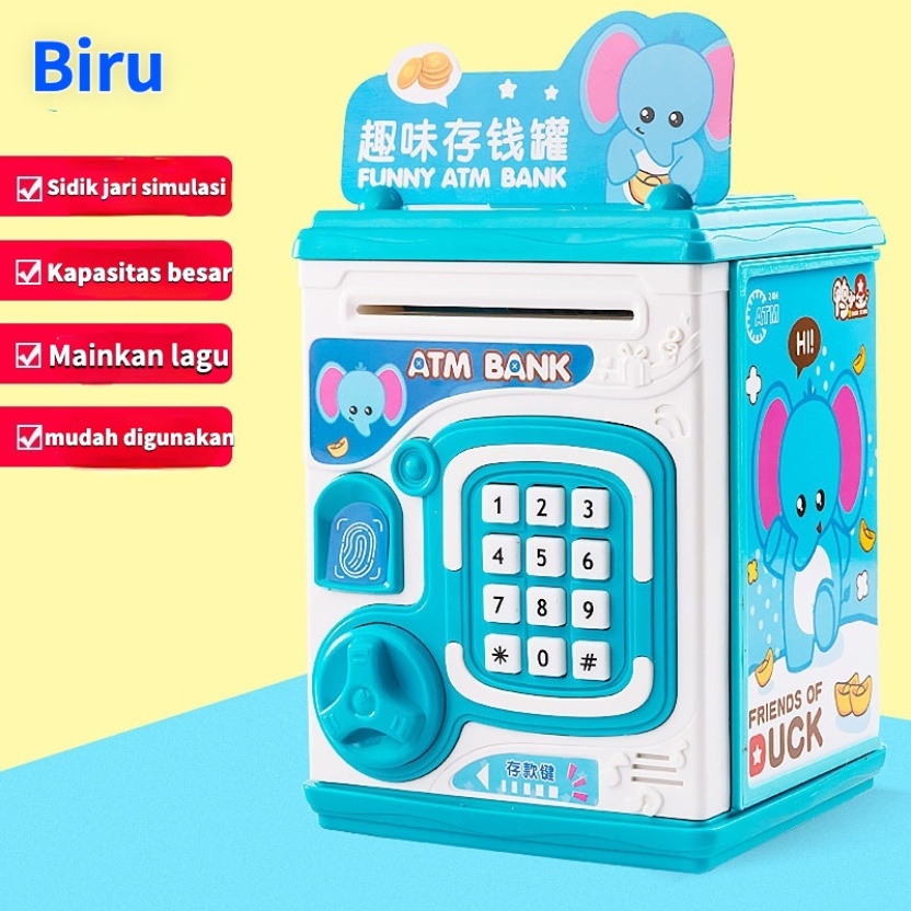 【dengan kunci kombinasi】stiker gratis Mainan Edukasi ATM Celengan Tabungan Sidik Jari Brankas Baterai dengan Password Fingerprint