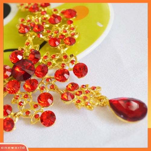 Set Anting Kalung Pengantin Pesta Pernikahan Liontin Alloy Warna Merah Emas