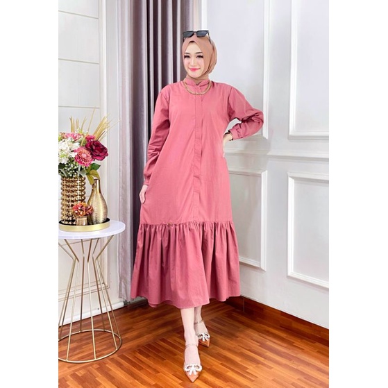 ZURA DRESS MIDI PEACH,KAIN KATUN POPLIN PREMIUMM