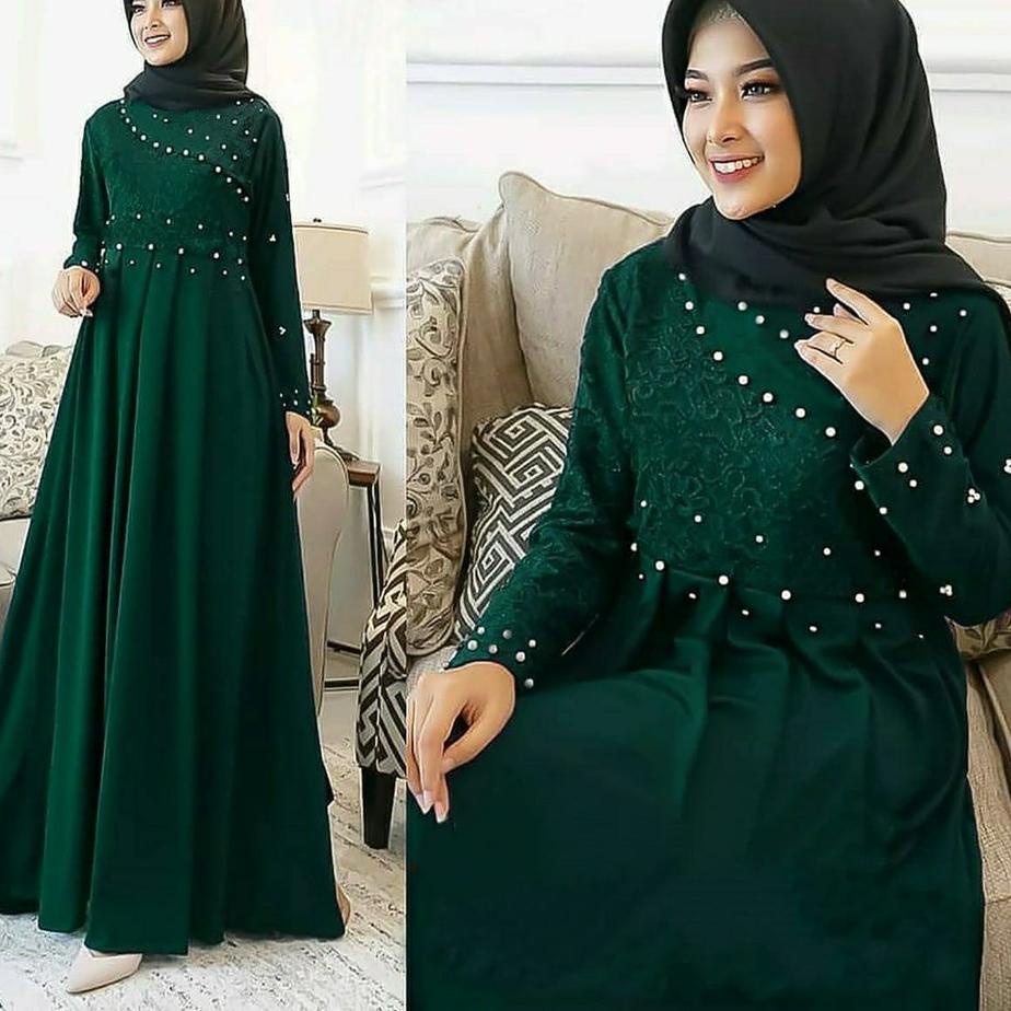 ➮ Delisya Maxi / Dress Pesta Premium / Gamis Tiara Maxi Brukat mix Mutiara ☉