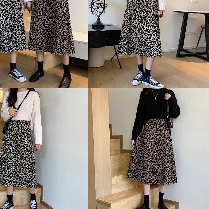 ☊ Rok Macan Leopard Panjang / Rok A-line Bahan Woolpeach kualitas ok / Rok leopard panjang / flare s