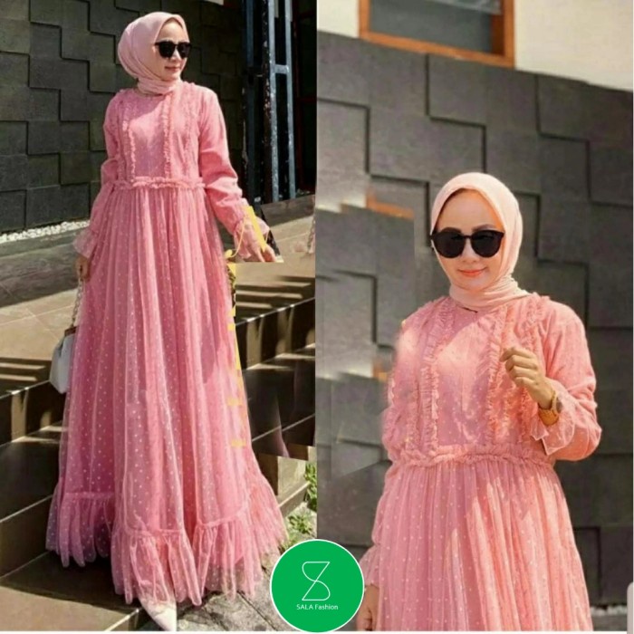 Gamis Gamis Wanita Mitika Tile Brukat Tutu Dot Terbaru Mewah Murah Ori - Merah Muda, M kekinian terb