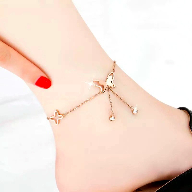 Gelang Kaki Hypoallergenic Tahan Air Bahan Titanium Steel Warna Rose Gold Aksen Kupu-Kupu Untuk Wanita Butterfly Girlfriends