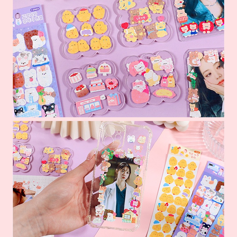 1lembar Laser Stiker Hewan Lucu Kawaii Kelinci Kucing Anjing Beruang Pola Kue Scrapbooking DIY Stiker Korea Guka Idol Card Decor Siswa Alat Tulis