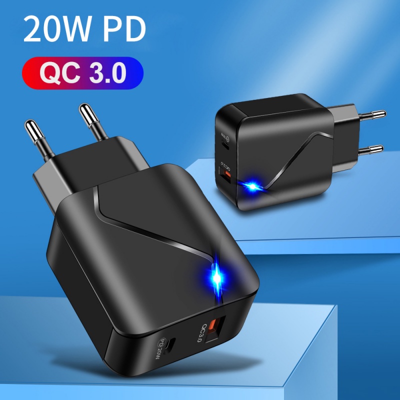 Luminous PD20W+QC3.0 3A USB Charger Ponsel Pengisian Cepat Dual-port US-European Fast Charging Travel Charger