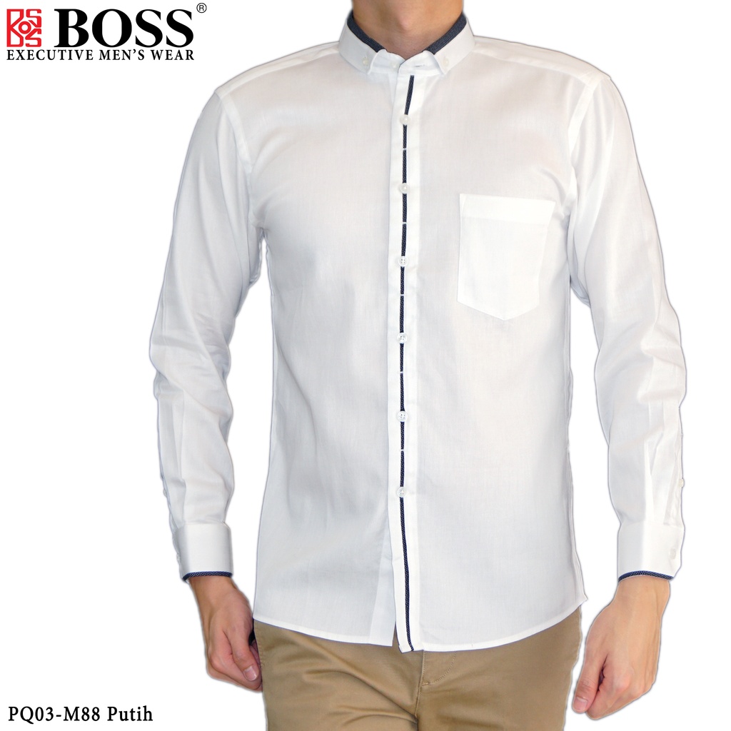 BOSS Kemeja Polos Pria Cotton Pique Kombinasi List Tengah Lengan Panjang Slim Fit PQ03 Putih