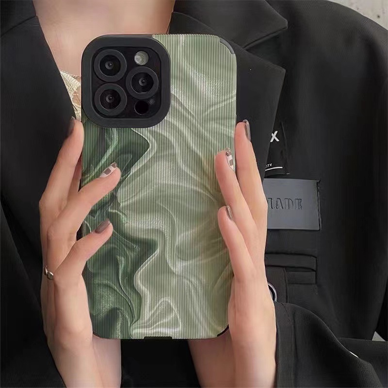 【Lamb Skin】Leather Soft Case IP IPhone 7 8 14 Plus 7+ 8+ X XR SE 2020 XS Max 11 12 13 14 Pro Max Phone Case Pretty Green Oil Painting Wave