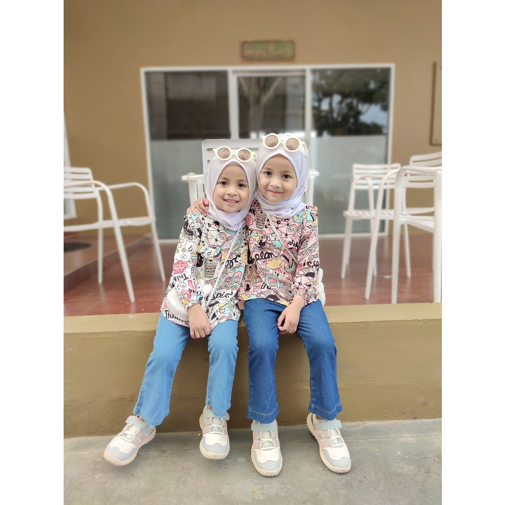 KALILA - RIBIE Setelan Baju Anak Perempuan Blouse + Celana Jeans Usia 1 - 7 Tahun