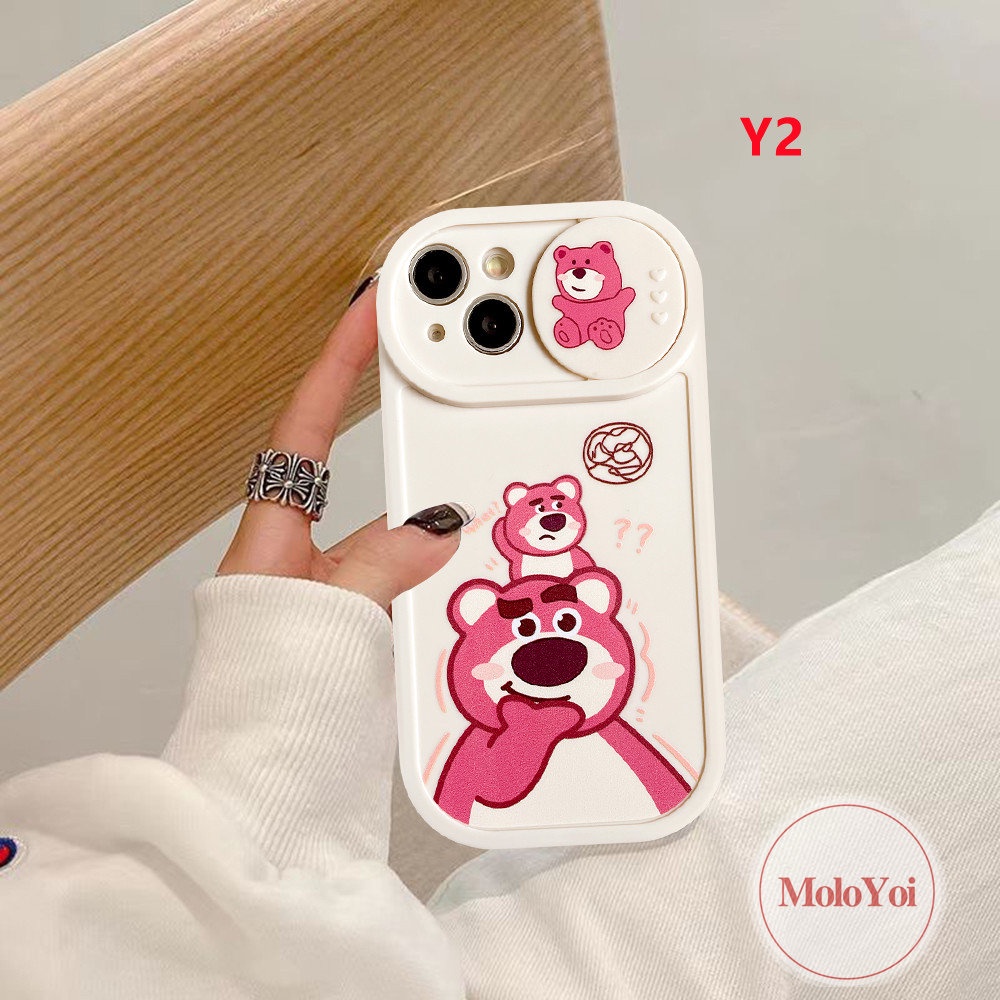 IPHONE Pasangan Case Kompatibel Untuk Iphone13 11 12 Pro MAX 7plus 7 8 Plus XR X XS MAX Kartun Strawberry Bear Manyo Winnie the Pooh Tarik Jendela Kamera Perlindungan Soft Cover