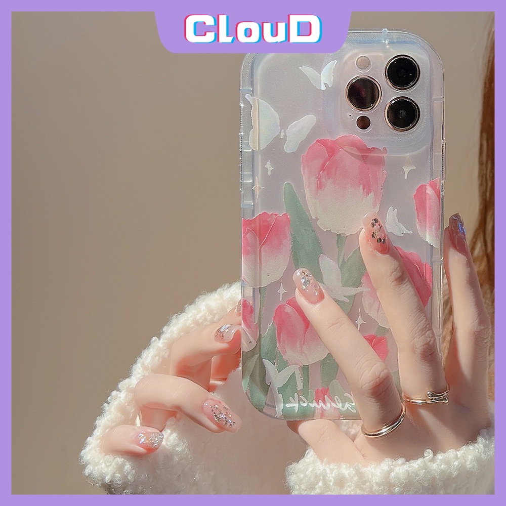 IPHONE Fashion Butterfly Clear Case Kompatibel Untuk Iphone11 7 8 6s 6 Plus XR 14 11 13 12 Pro Max X XS Max SE 2020 Fresh Spring Flowers Tulips Airbag Shockproof Soft TPU Back Cover