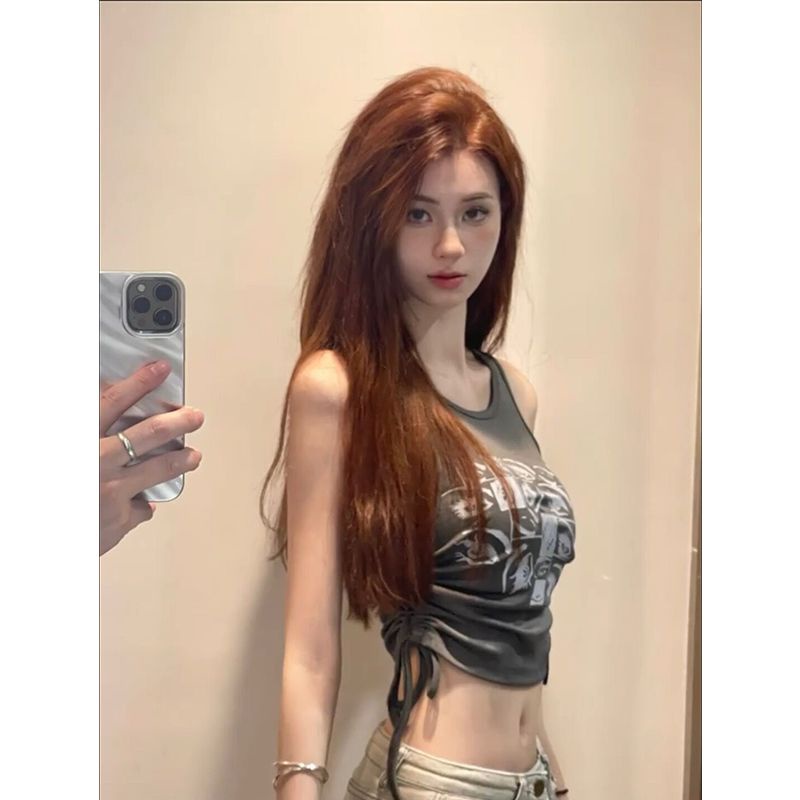 Red Pola kreatif cetak mata kamisol retro wanita seksi gadis pendek bagian pusar tali serut tanpa lengan atasan trendi