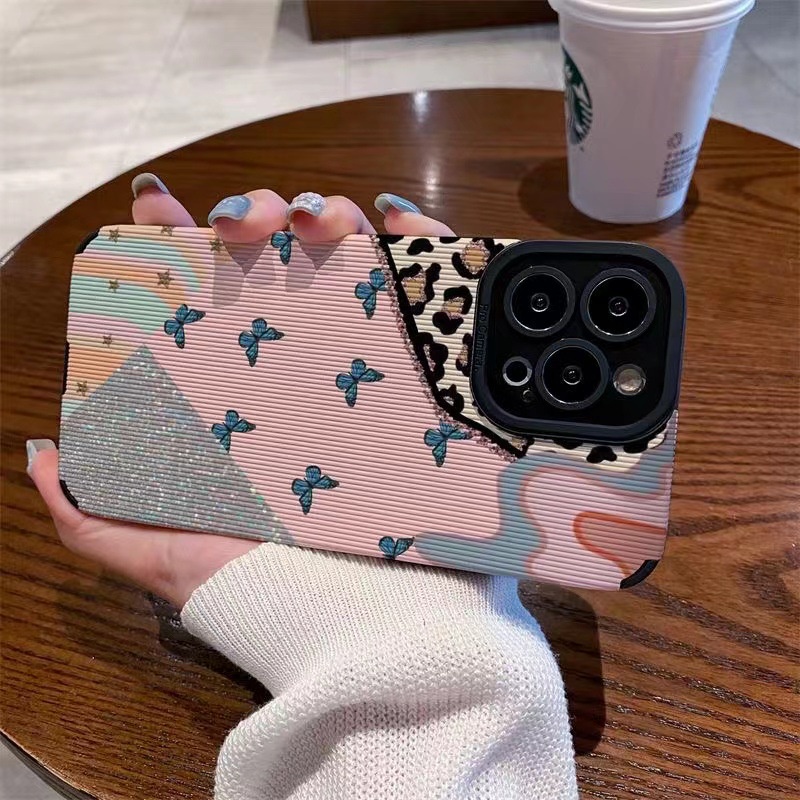 【Lamb Skin】Vertical Grain Soft Case for IPhone 6S 7 Plus 8 Plus X XS XR XS Max 11 13 12 14 PRO Max 14 Plus Black Fashion Pink Leopard butterfly Girl