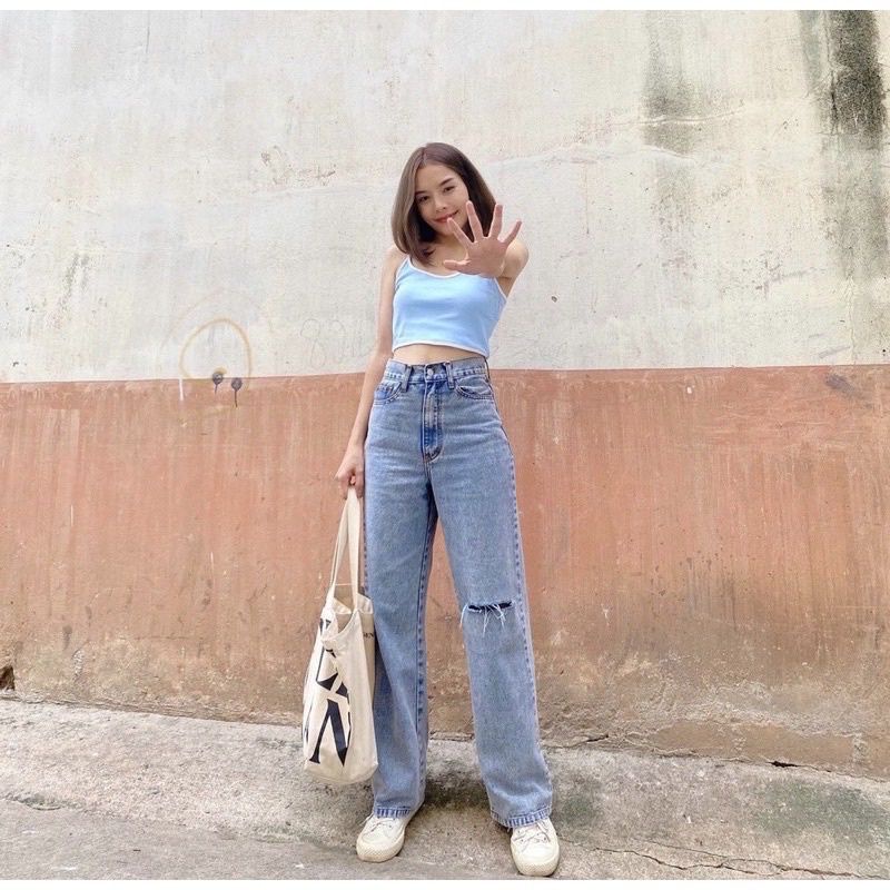 Celana highwaist kulot loose jeans wanita sobek lutut