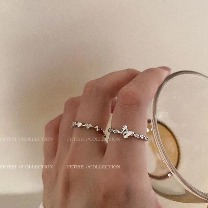 IFYOU Fashion Tembaga Zirkon Cincin Set Jantung Kupu-Kupu Perak Jari Rings Perhiasan Y2K Aksesoris