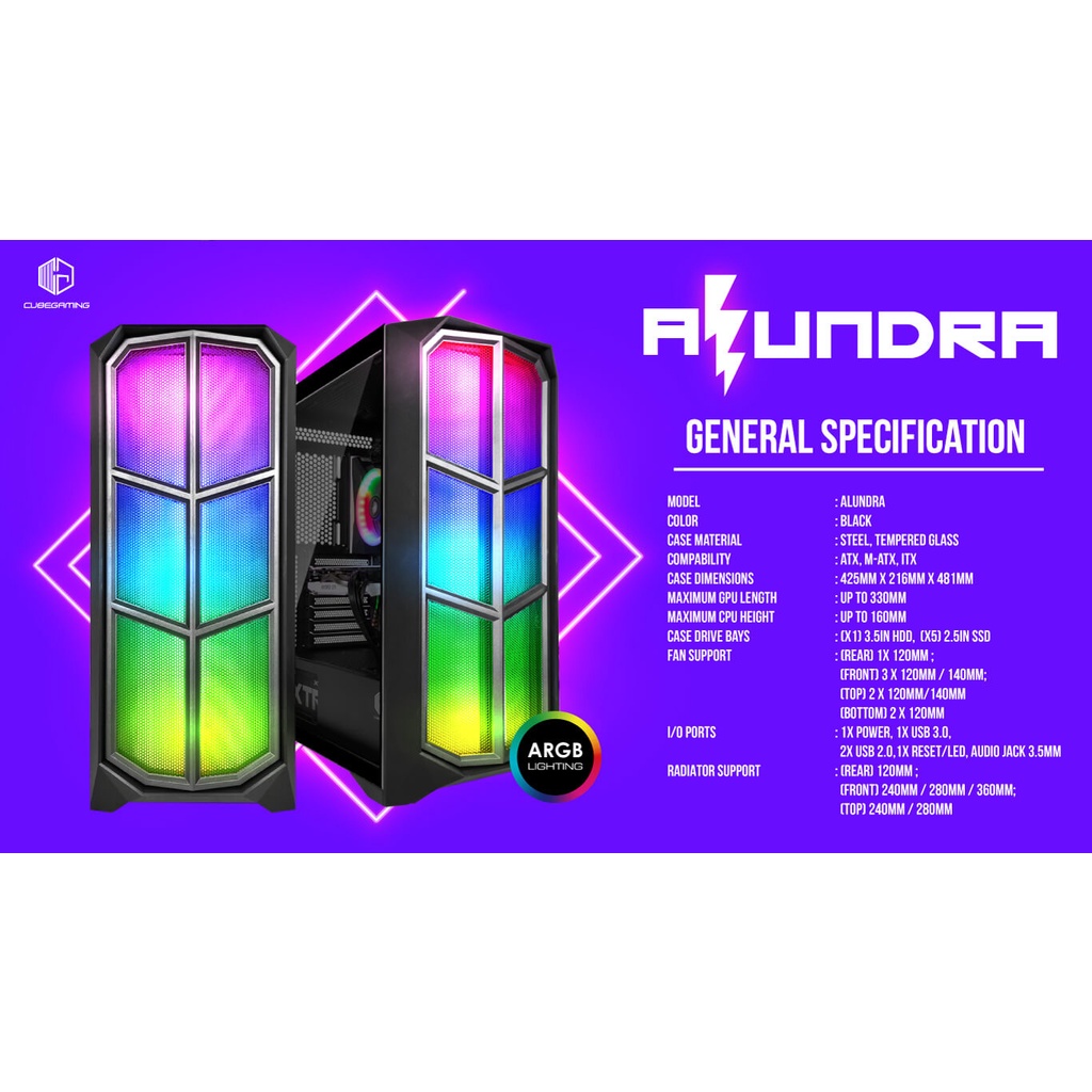 CUBE GAMING ALUNDRA - ATX - LEFT SIDE TEMPERED GLASS - PSU COVER - RGB FRONT PANEL