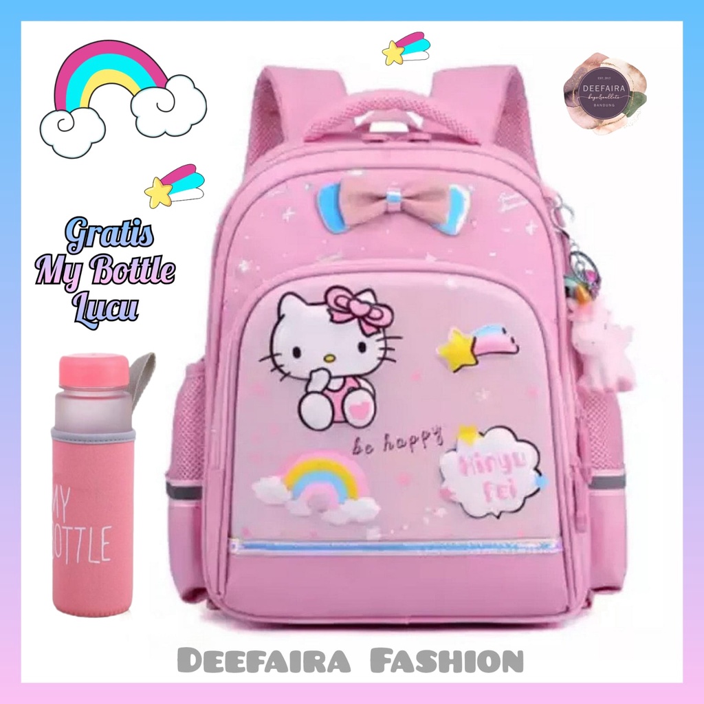 Tas Sekolah Anak Perempuan Tk Sd Smp Motif Cat Pita Gratis Botol Minum Lucu