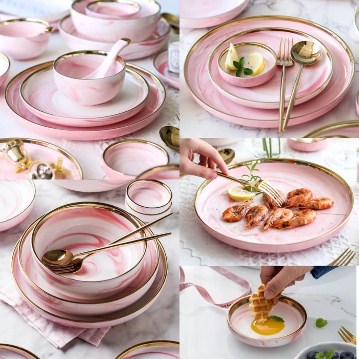 PIRING NORDIC MARBLE PINK SET 9 PCS PIRING MAKAN MARBLE SET 2 ORANG