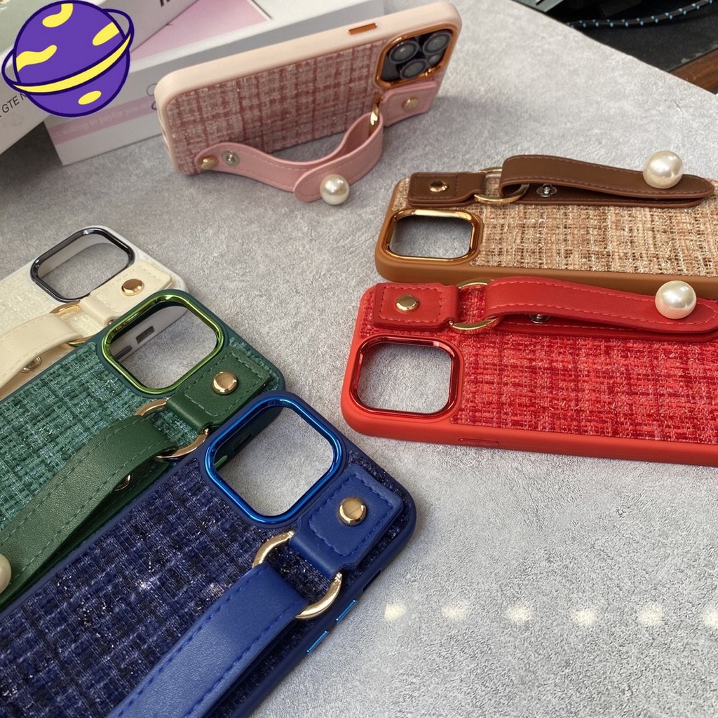 IPHONE Soft Case Tali Pergelangan Tangan Bahan Kulit Warna Hijau Tua Untuk Iphone12 13 14 11 Pro Max14 Plus Casing Belakang Kain Imitasi