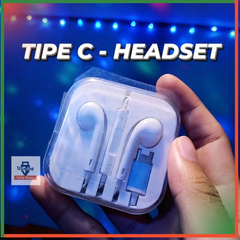 Hedset Tipe C Headset Type C Hetset Gepeng Tanpa Karet Warna Putih Ada Mic