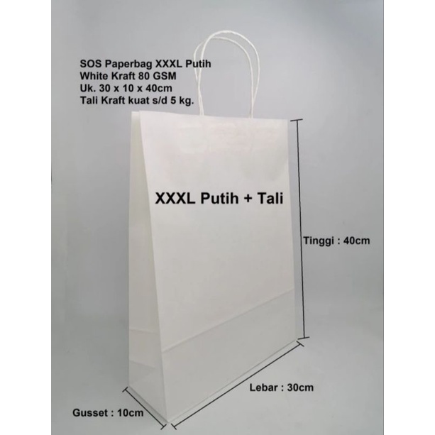 

Paperbag SOS XXXL Kantong Kertas Putih 30x10x40cm 80 GSM + TALI KERTAS Putih
