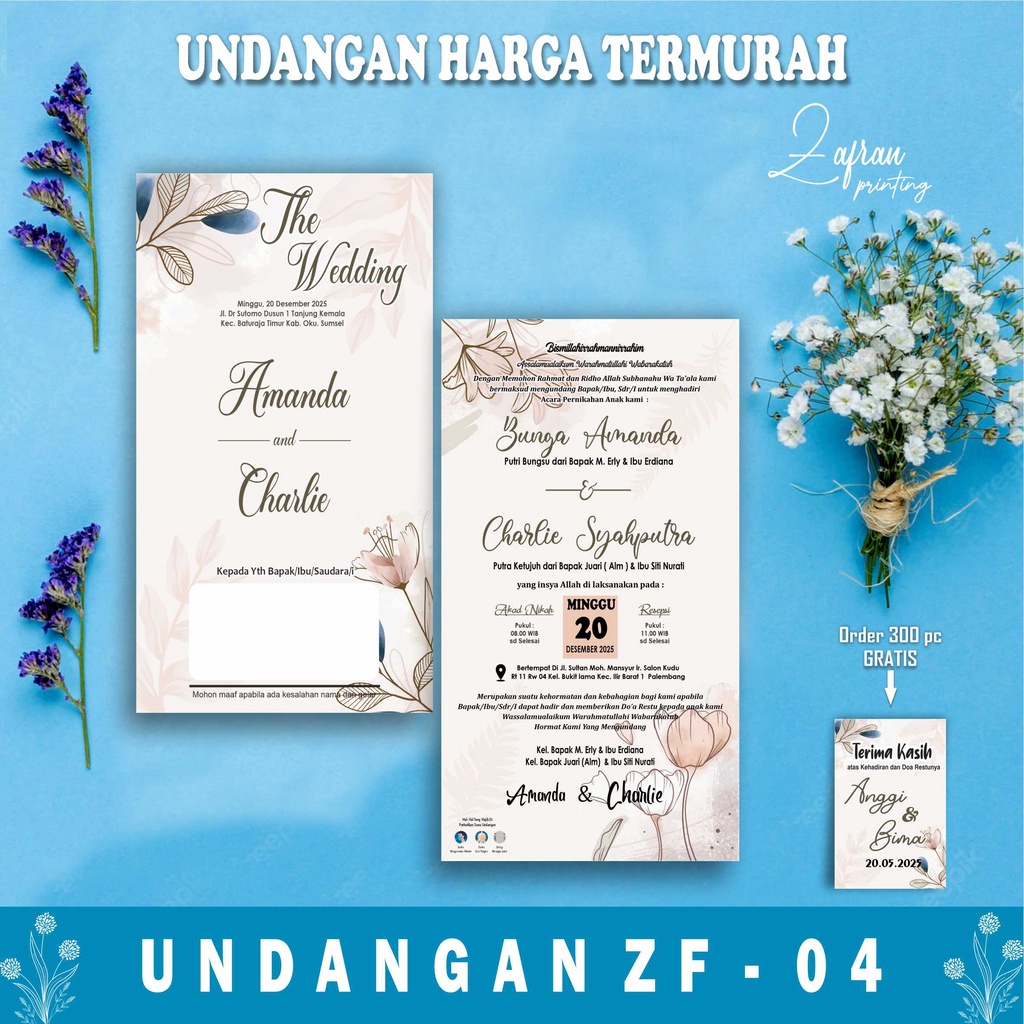 Undangan Pernikahan 1 Lembar Murah, Cantik, Elegant, Simpel, Vintage, Rustik, Surat Undangan Pernika