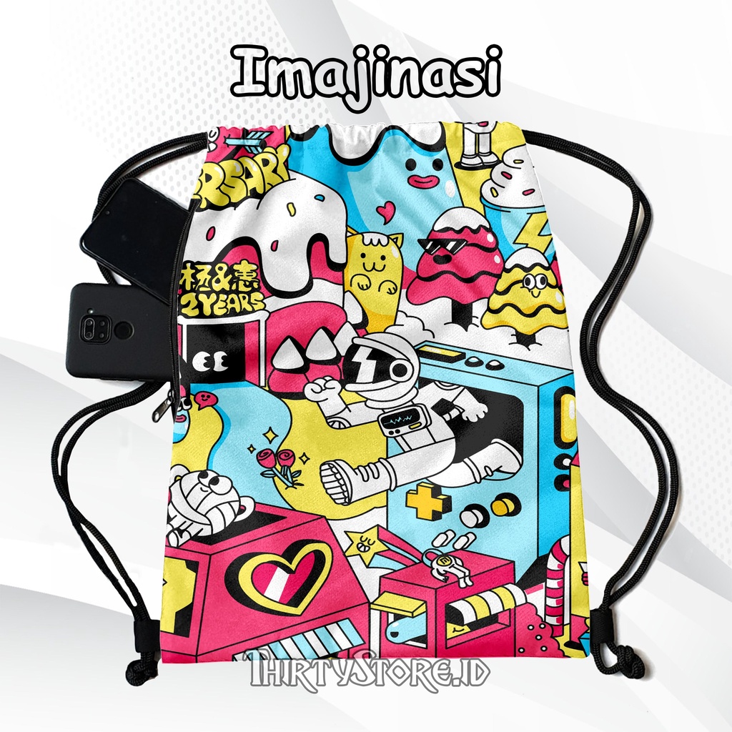 Tas Serut Anti Air New String Bag Full Print Pria Dan Wanita Motif Imajinasi Tas Olahraga Tas Sekolah