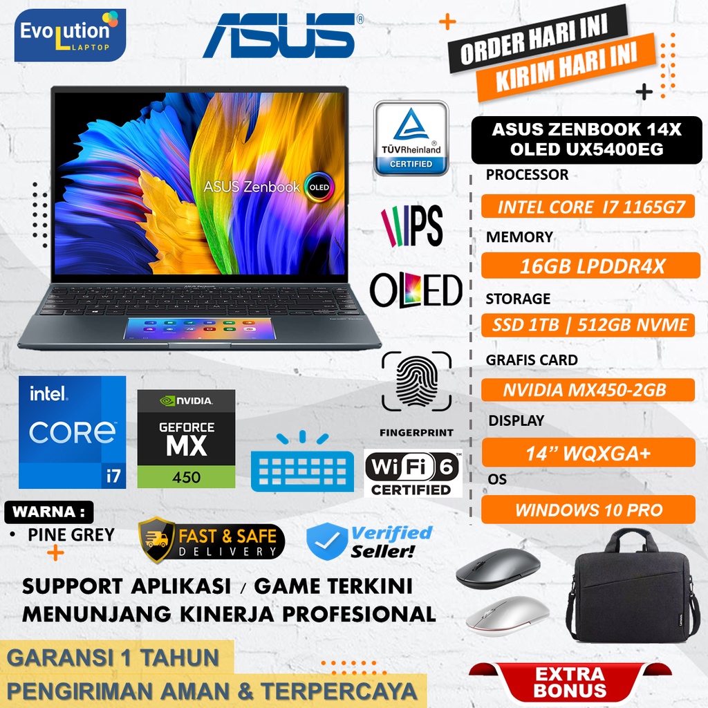 Laptop Asus ZENBOOK 14X UX5400EG INTEL i7 1165G7 Ram 16GB 512GB Nvdia MX450-2GB 14&quot; WQXGA OLED TOUCH SCREENPAD WIN11PRO PINE GREY