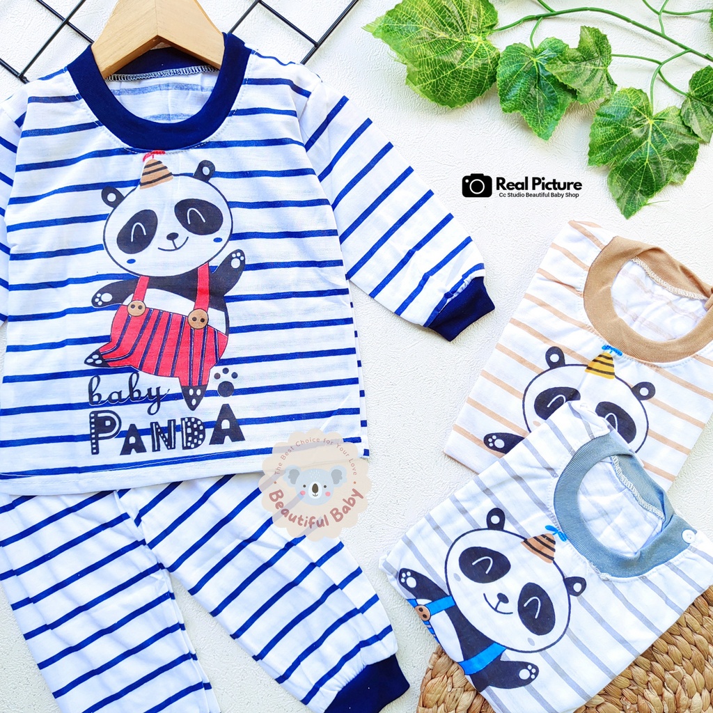 Setelan Baju Bayi Panjang Laki-laki Motif Panda Salur / Piyama Bayi Laki-laki / Baju Tidur Bayi / Kaos Oblong Bayi &amp; Anak Kancing Pundak / Baby.ou