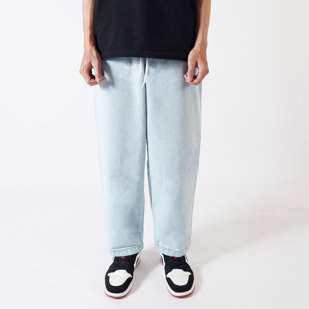 Pluviophile - Relaxed pants celana Baggy relaxed Gombrong Jeans karet Denim Blue Bleach