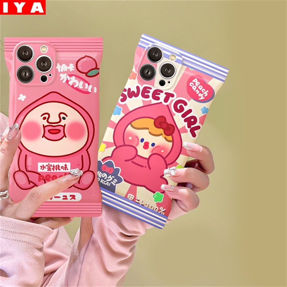 Candy Case OPPO A57 2022 A77S A17 A16 A16K A55 A95 A96 A76 A12 A1K A5s A15 A54 A7 A53 A3s A31 A92 F9 F11 Reno5 Lucu Kartun Peach Cewek TPU Soft Cover