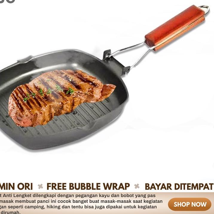 ☝ Alat Panggang Barbeque Grill Pan Pemanggang Panci Lipat Gagang Kayu BBQ Tempat Bakar Daging Ayam I