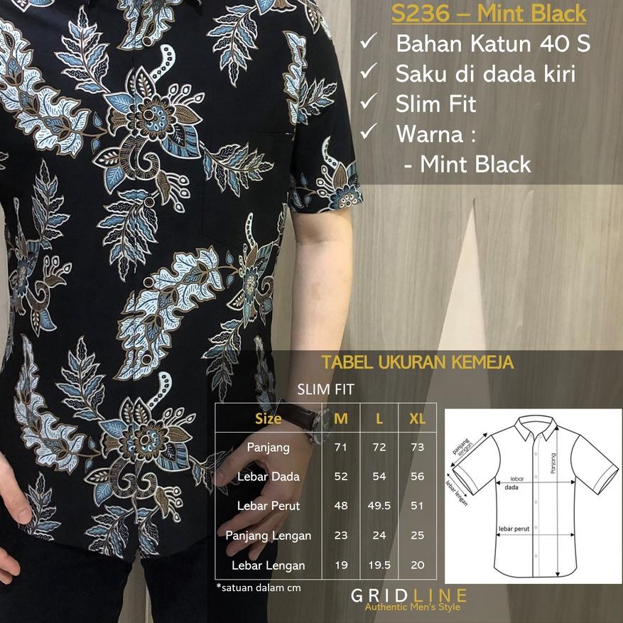 ➦ [GRIDLINE - S236 Mint Black] Kemeja Pria Batik Katun Lengan Pendek Regular Pastel Simpel ♪