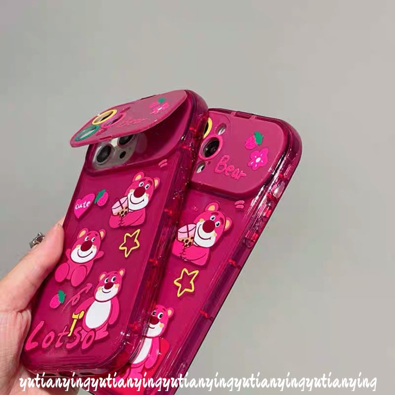 IPHONE Rose Red Cute Kartun Strawberry Bear Manyo Case Kompatibel Untuk Iphone11 13 12 14 Pro Max7 8 14 Plus XR XS MAX X SE Kreatif Flip Make Up Cermin Telepon Soft TPU Silicon Case