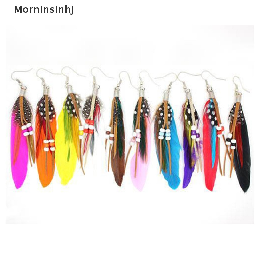 Mornin Fashion Rumbai Menjuntai Anting Bulu Manik Kulit Anting Indian Feathers id