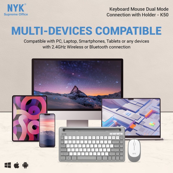 NYK K50 Keyboard Mouse Dual Mode Wireless Bluetooth Stand Holder