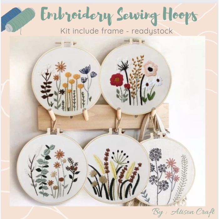 Diy paket kit alat sulam jahit kristik dengan ram hoop kayu / rumpun 2 - random