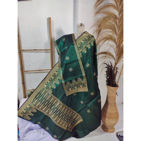 Songket silungkang full kristal premium warna hijau botol gold