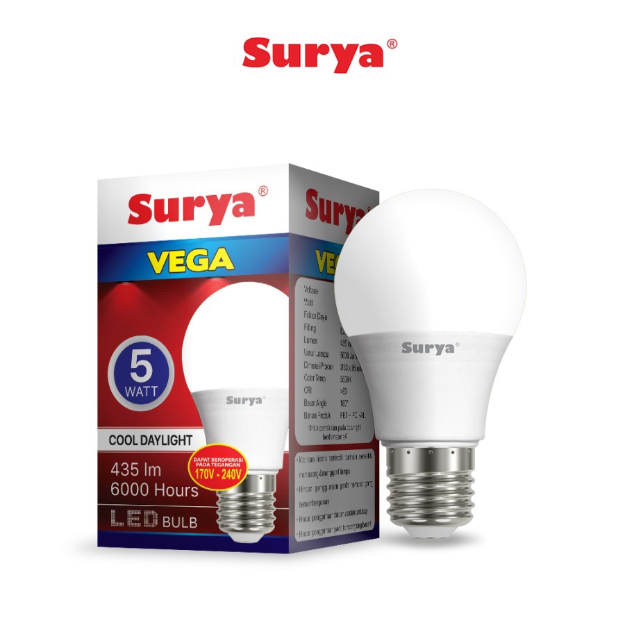 Lampu Led Bulb Surya Vega 5 Watt Cool Day Light Putih SNI Original