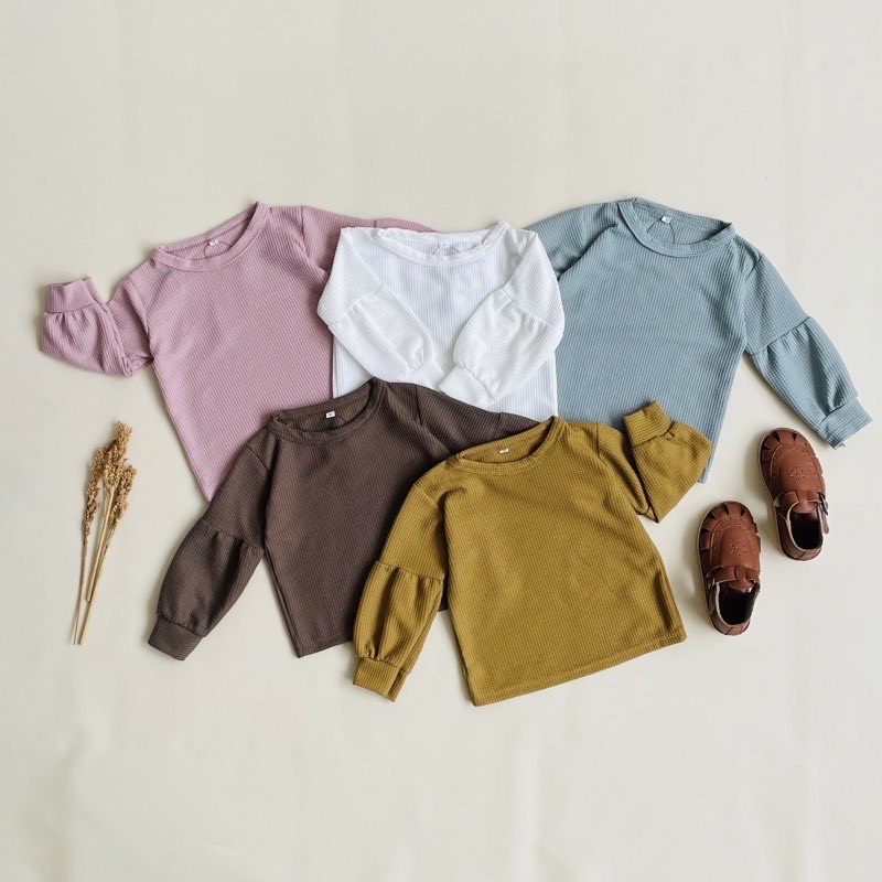 Waffle Knit Atasan Anak Perempuan Lengan Balon