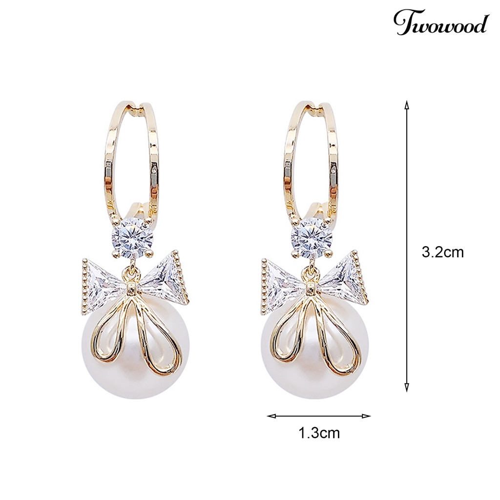 Twowood 1pasang Wanita Drop Earrings Bow-knot Shiny Rhinestone Mewah Simetris Stainless Ear Dekorasi Tepi Halus Mutiara Imitasi Lady Huggie Earrings Perhiasan