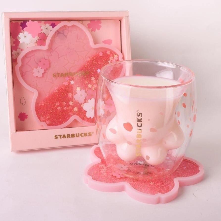 Hadir Terkini Starbucks Cat Paw Cup Pink Sakura Double Coffee Milk Wall Glass Mug Anniversary Christ