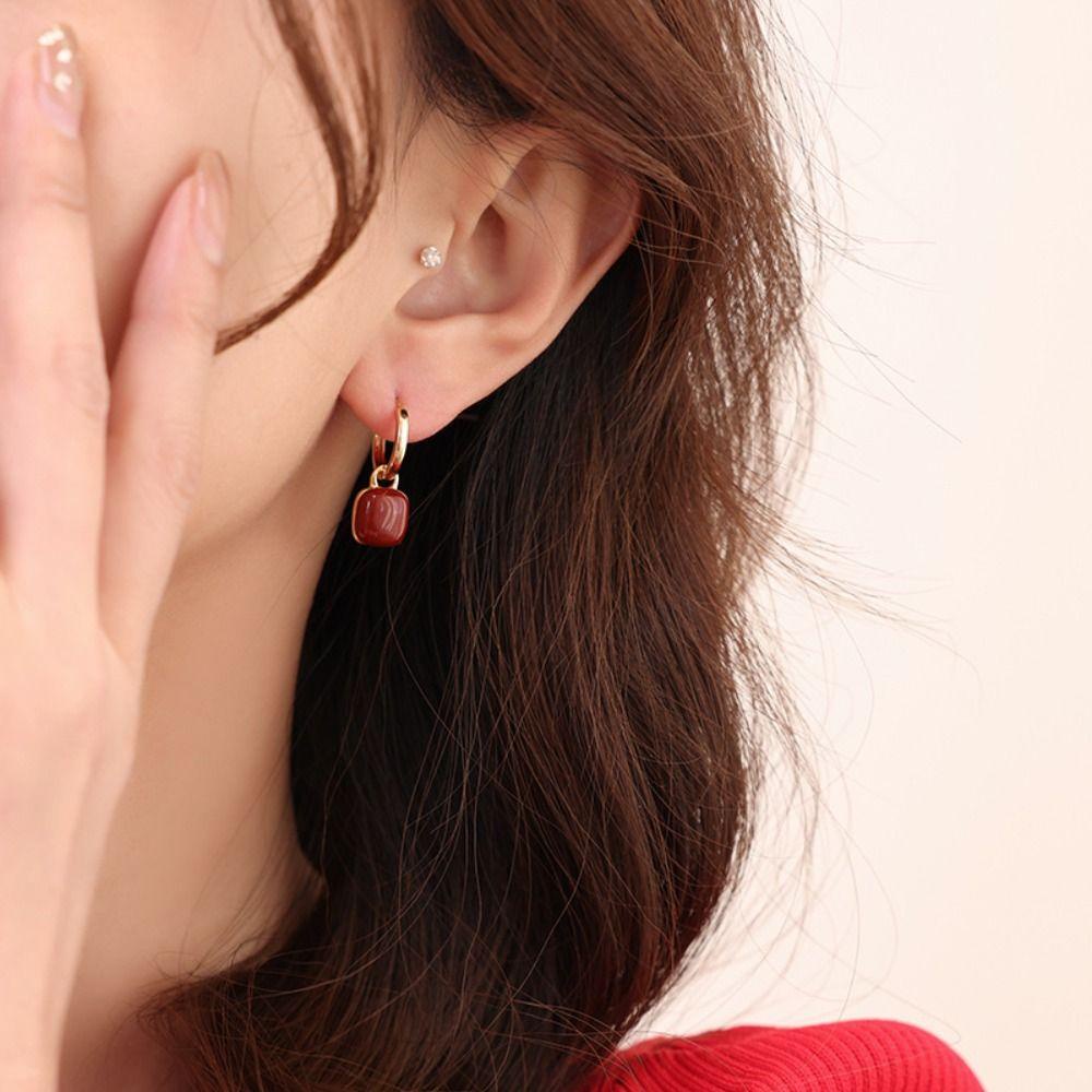 MXBEAUTY Anggur Merah Anting Rasa Mewah Manis Gaya Perancis Aksesoris Perhiasan Bentuk Cinta Persegi Wanita Hoop Earrings